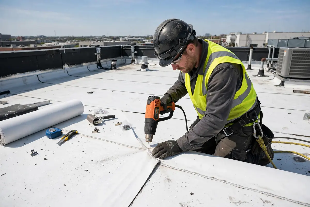 Flat TPO roof repair by technician